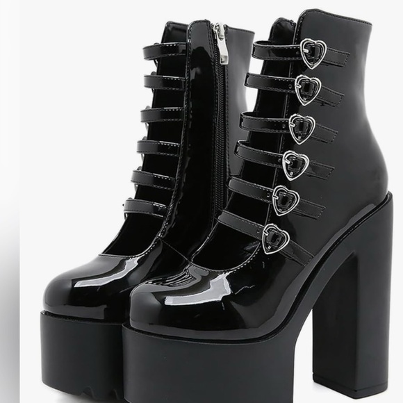 Black Platform Ankle Boots with Heart Buckles - Picture 1 of 7